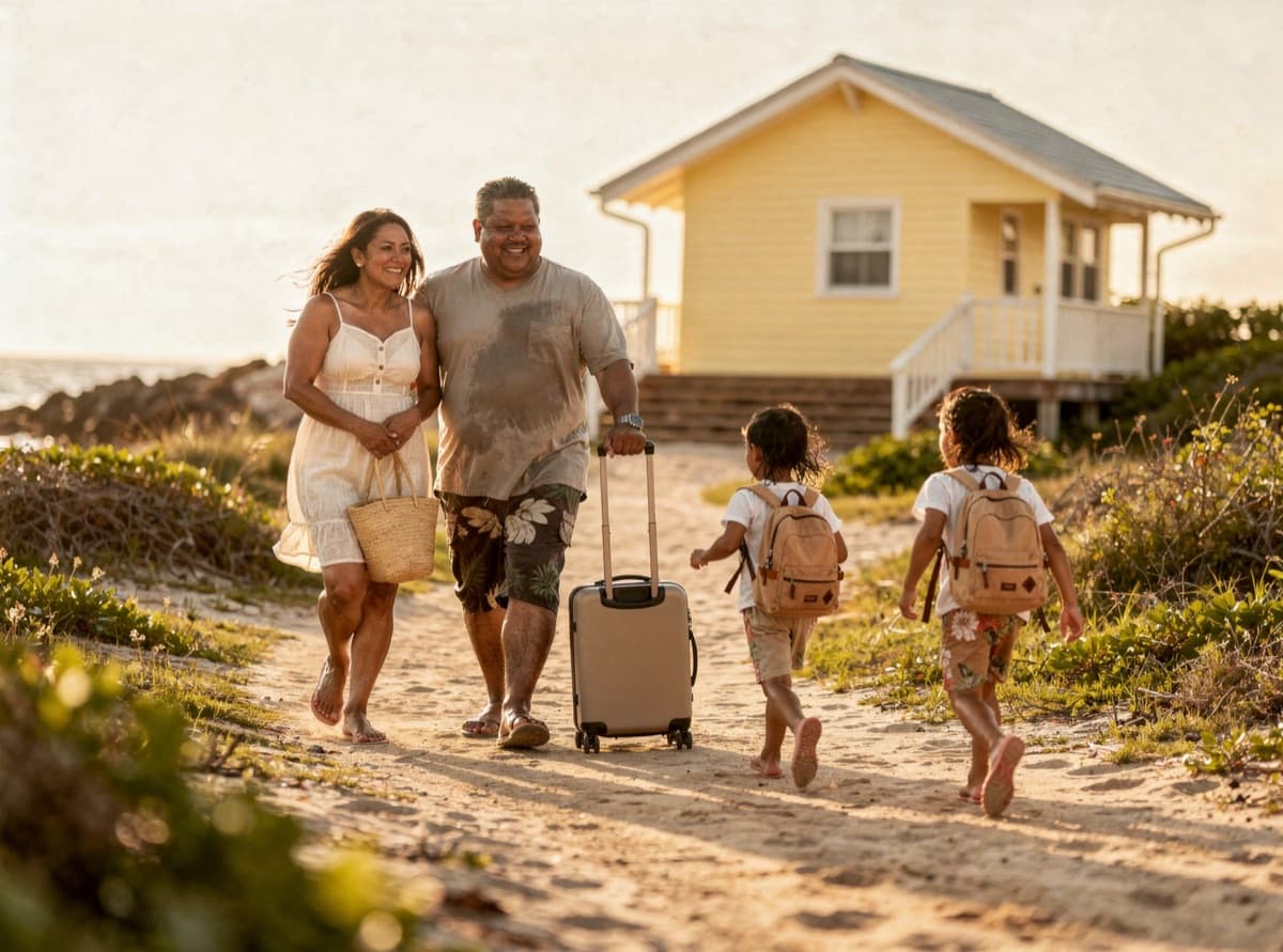 A family arriving on vacation, the parents walking up a sandy path with a suitcase and beach bag as their two children run ahead toward a yellow beach cottage.