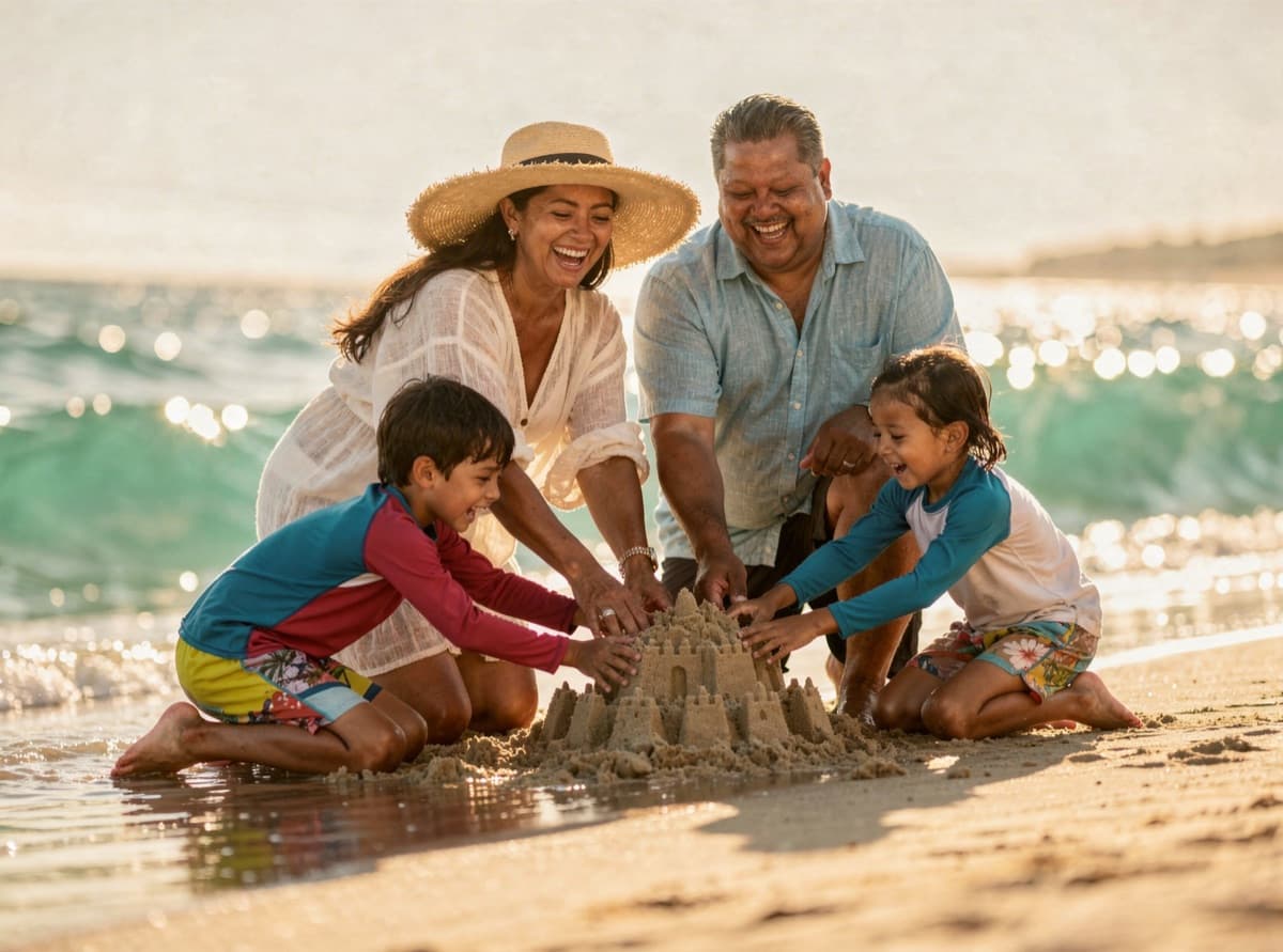 The same family laughing as they build a sandcastle together at the water's edge on a sunny morning.