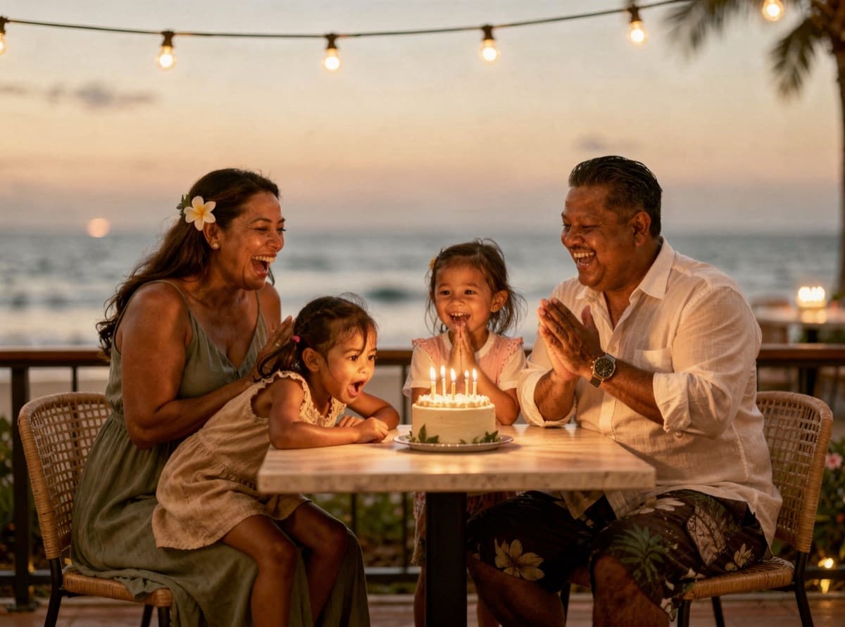 The same family at a seaside terrace table at dusk under string lights, a little girl gasping with delight at the candles on her birthday cake.