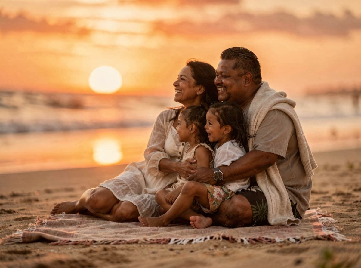 The same family sitting close together on a blanket on the sand, smiling as they watch the sun set over the ocean.