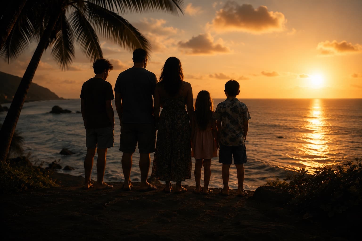A family standing together on a headland at dusk, watching the sun set over the ocean.