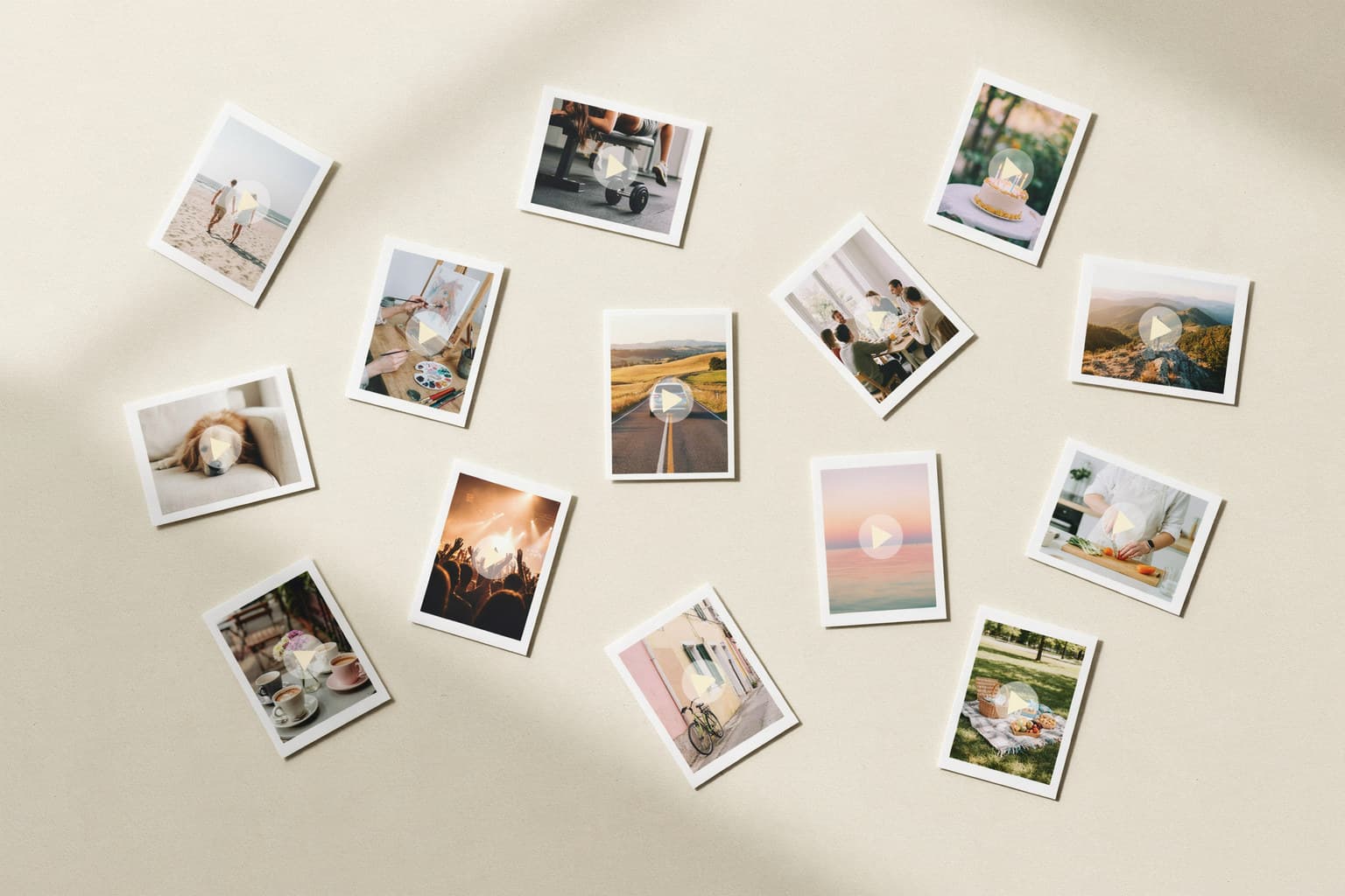 Small printed video stills from many different moments, scattered loosely across a cream tabletop.