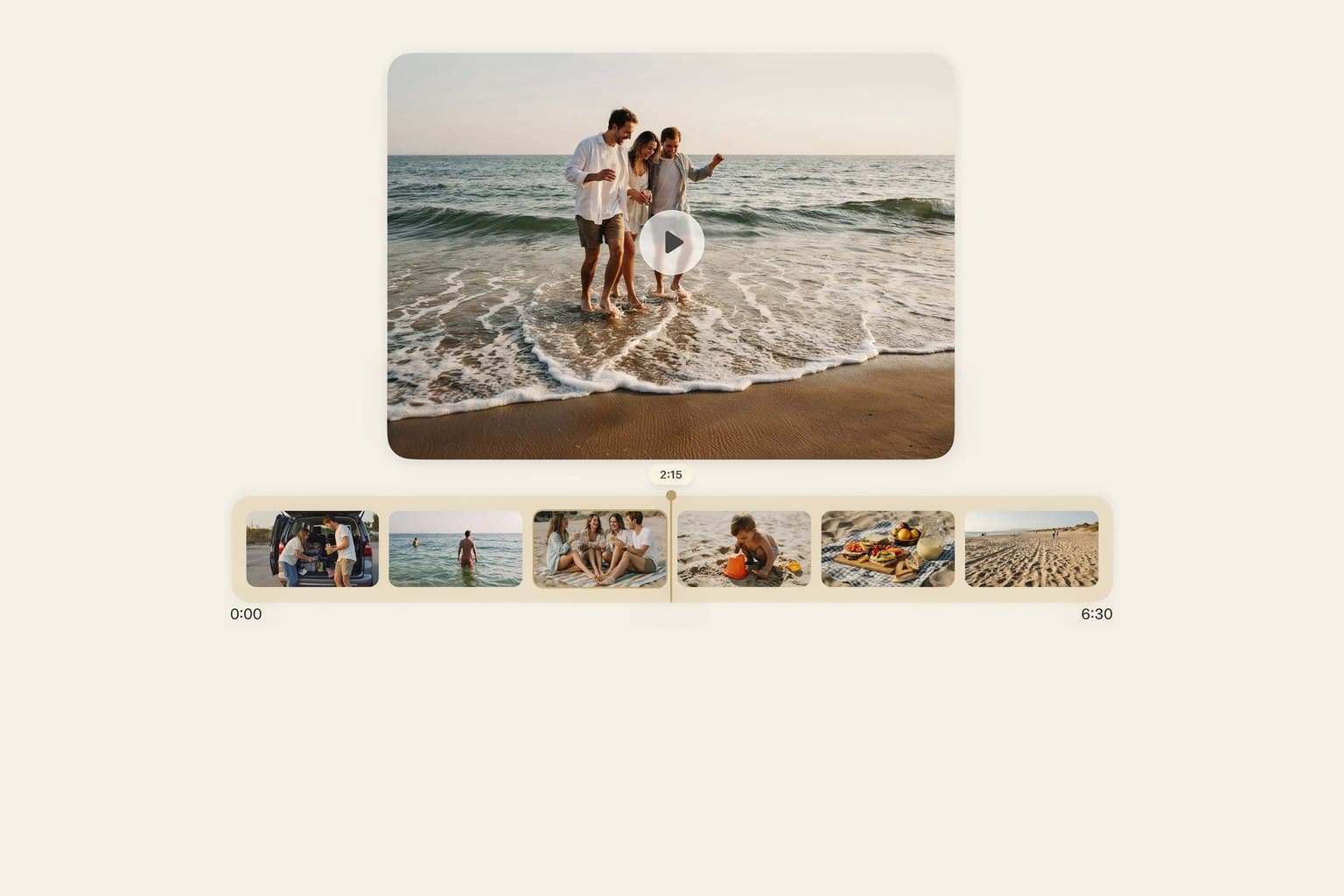 A video of a family walking through the surf on a beach, above a timeline of moments from the same day in order, from 0:00 to 6:30.