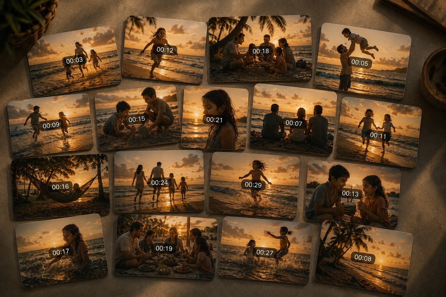 Dozens of small video stills from one family holiday, spread out loosely across a table.