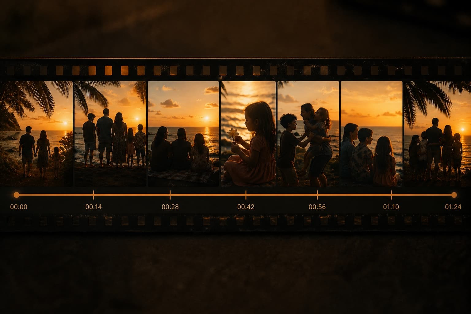 A strip of film frames from one family holiday, laid out in order along a single timeline.