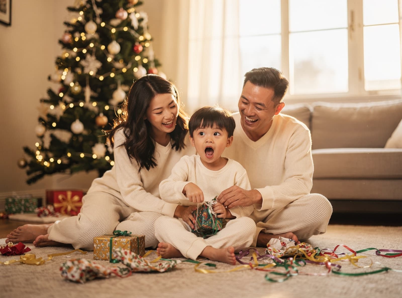On Christmas morning, a family in matching cream pajamas sits on the rug by the tree as their little boy gasps with delight opening a present.