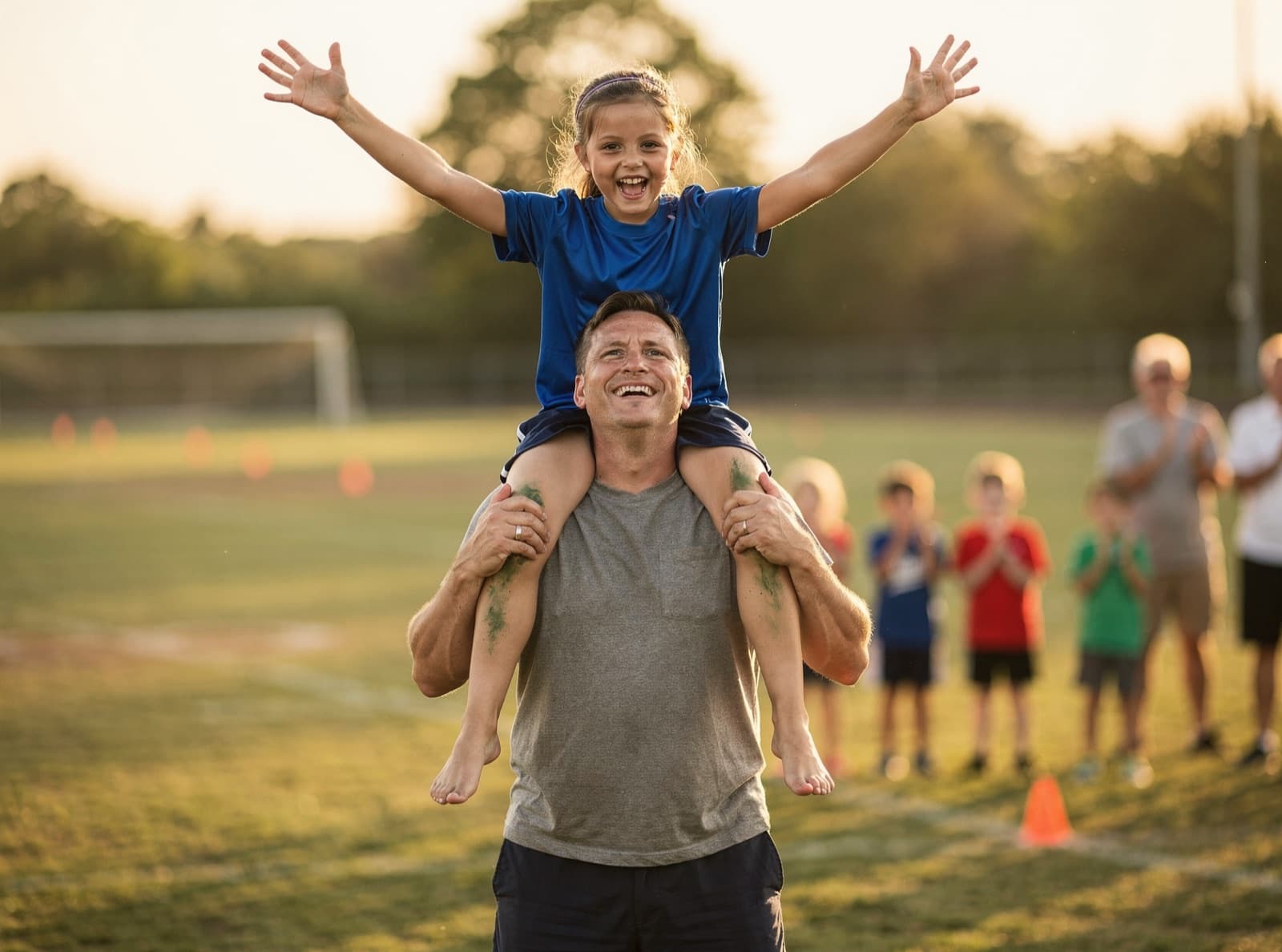 A father carries his cheering daughter on his shoulders on a sunny sports field after a game, her arms raised in celebration.