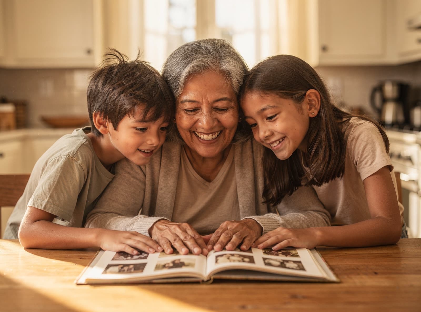 A grandmother sits between her grandson and granddaughter at a sunlit kitchen table, all three heads close together as they laugh over an old family photo album.