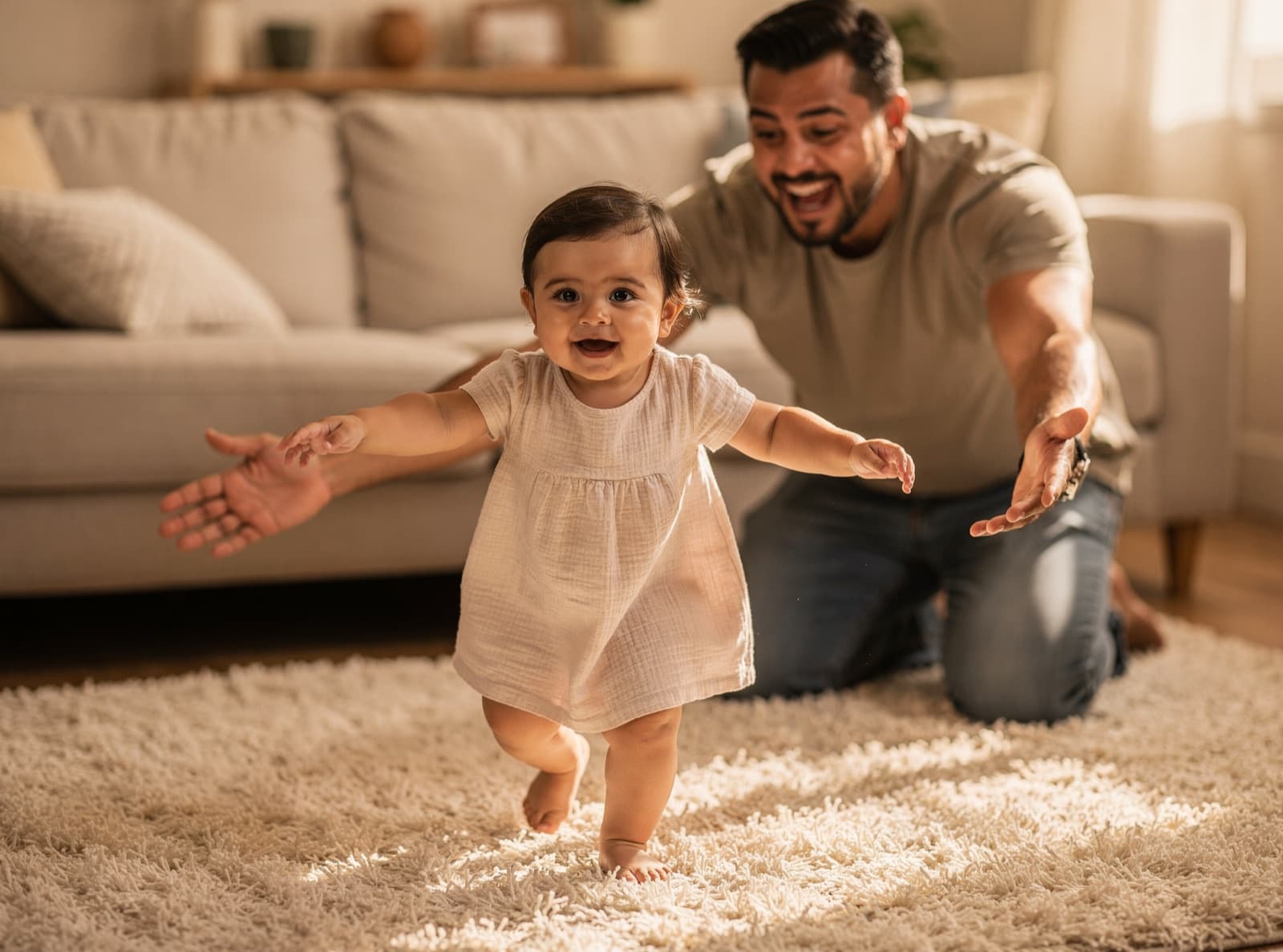 A toddler girl in a white dress takes wobbly first steps across a rug, arms out and smiling, as her father kneels behind her cheering.