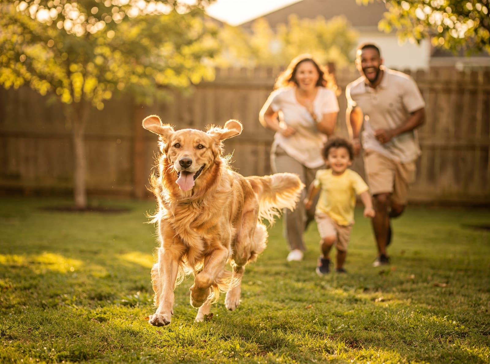 A happy golden retriever bounds across a sunny backyard as a mother, father and small son run laughing behind him.