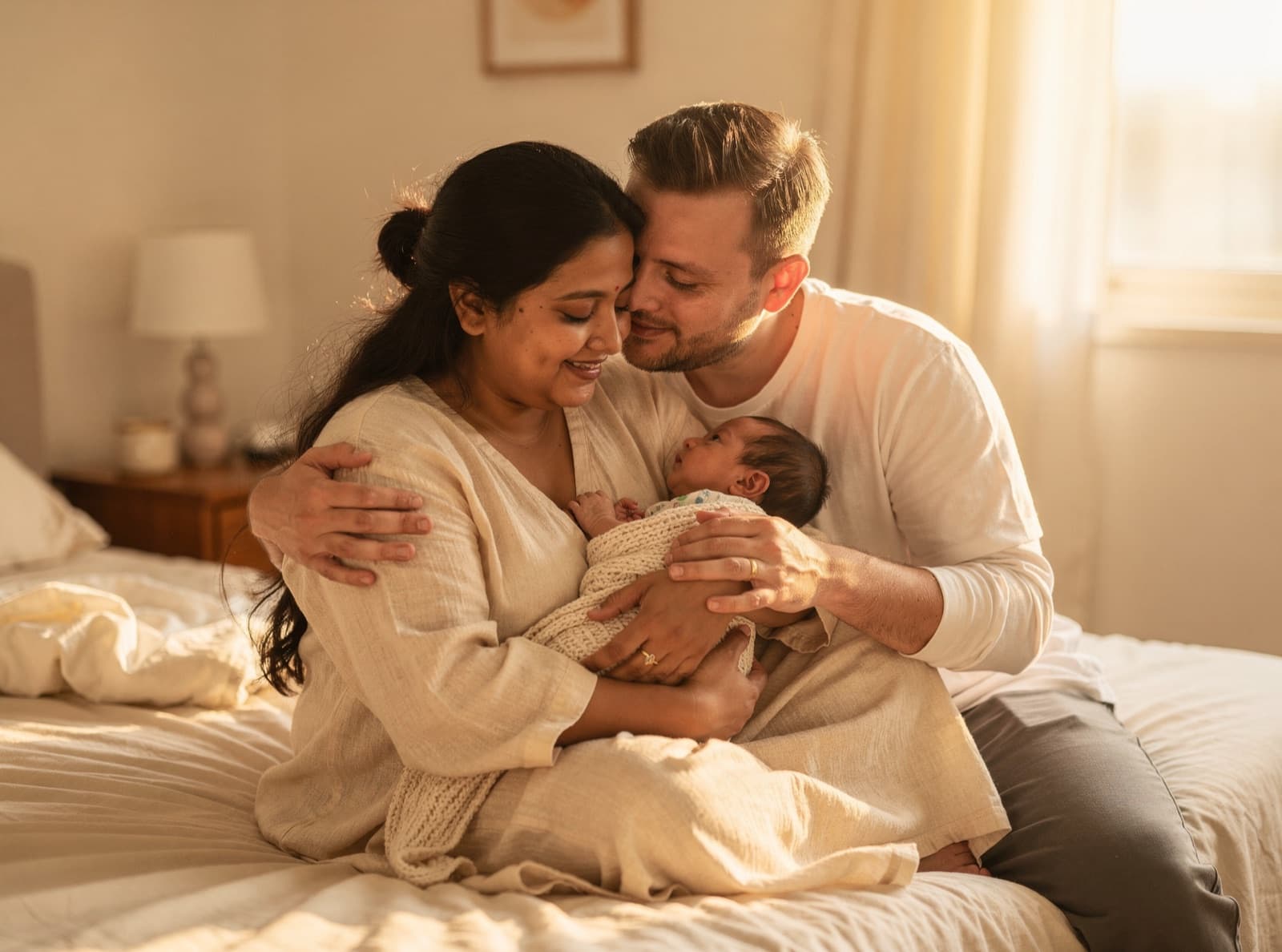 New parents sit on a sunlit bed cradling their newborn in a cream knit blanket, the father resting his face against the mother’s as she smiles down at the baby.