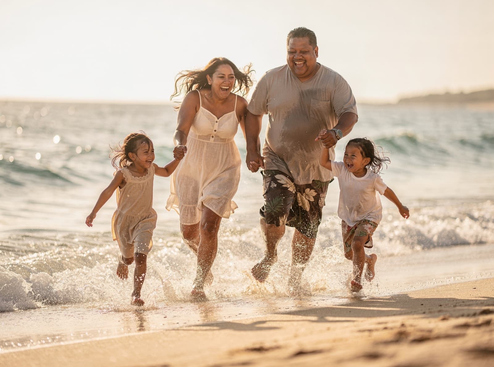 A laughing family of four runs hand in hand through the shallow waves of a sunny beach, water splashing around their feet.