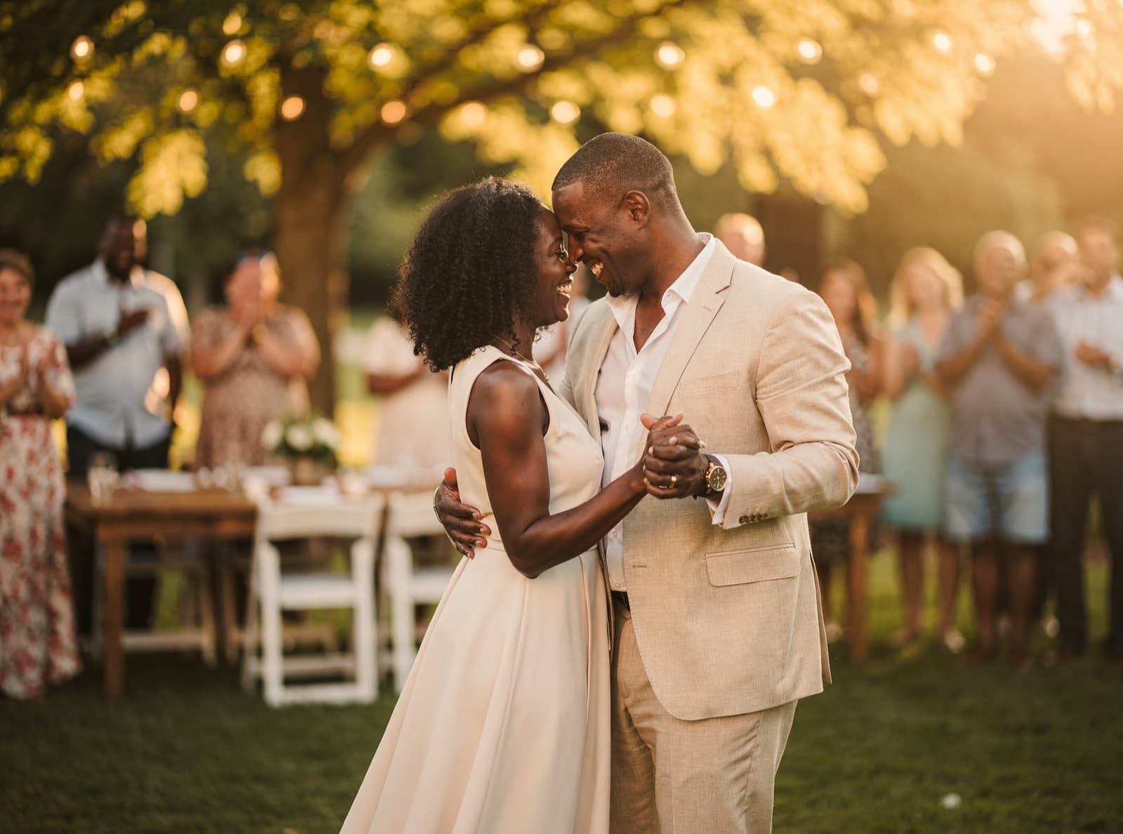 A bride and groom laugh with their foreheads together during their first dance on a lawn at golden hour, as guests clap behind them.